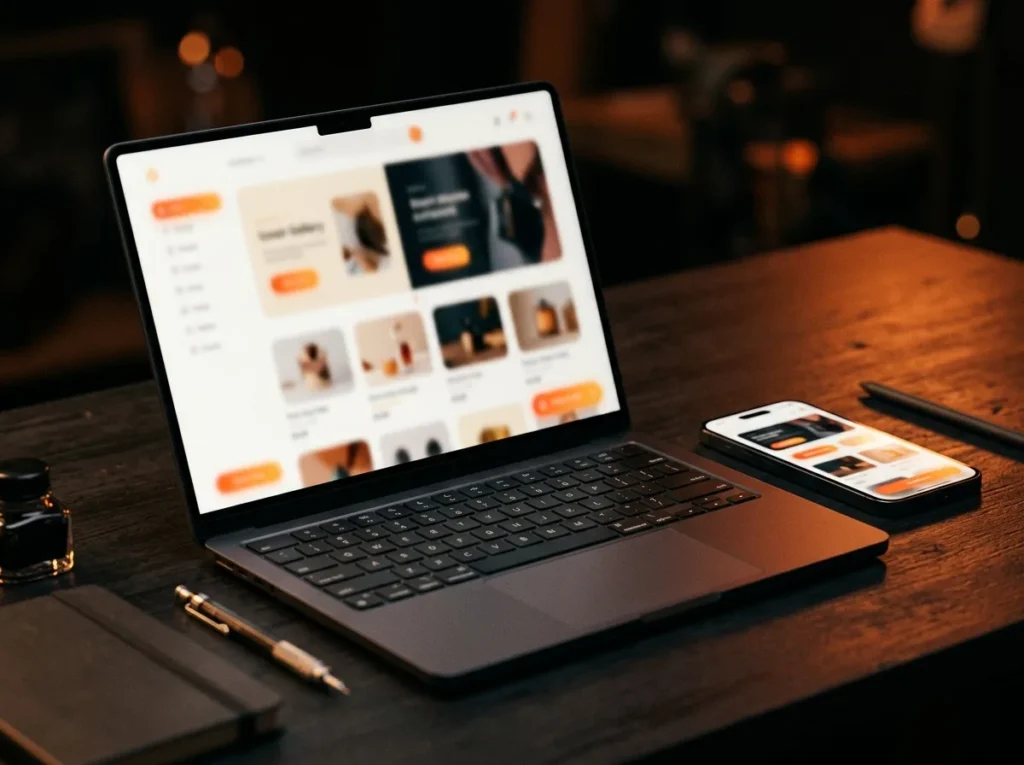 Boutique en ligne affichée sur ordinateur et smartphone