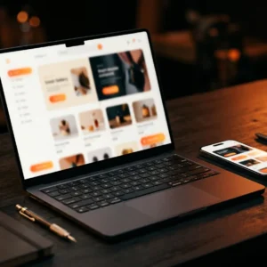 Boutique en ligne affichée sur ordinateur et smartphone